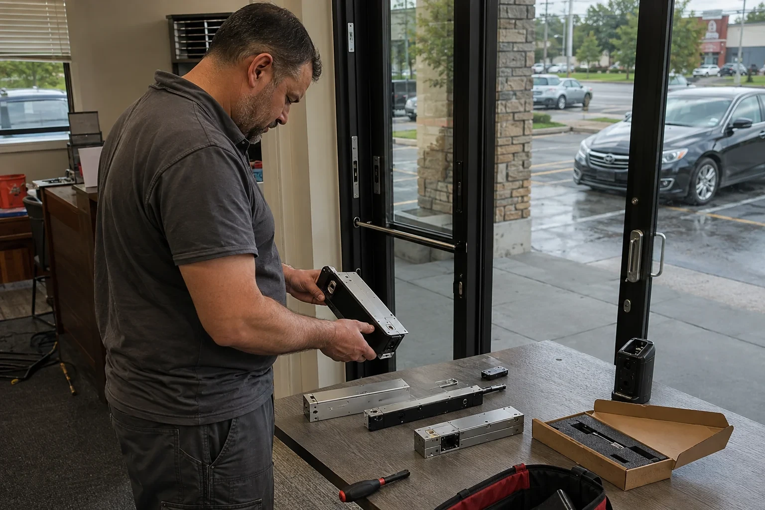 Person holding a rectangular door-hardware housing at a table with additional metal assemblies beside a glass entrance.