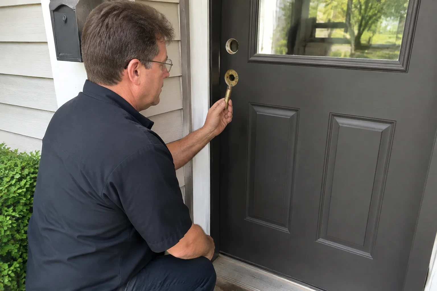 Person kneeling at a dark front door and holding a brass-colored cylindrical component beside exposed lock openings.