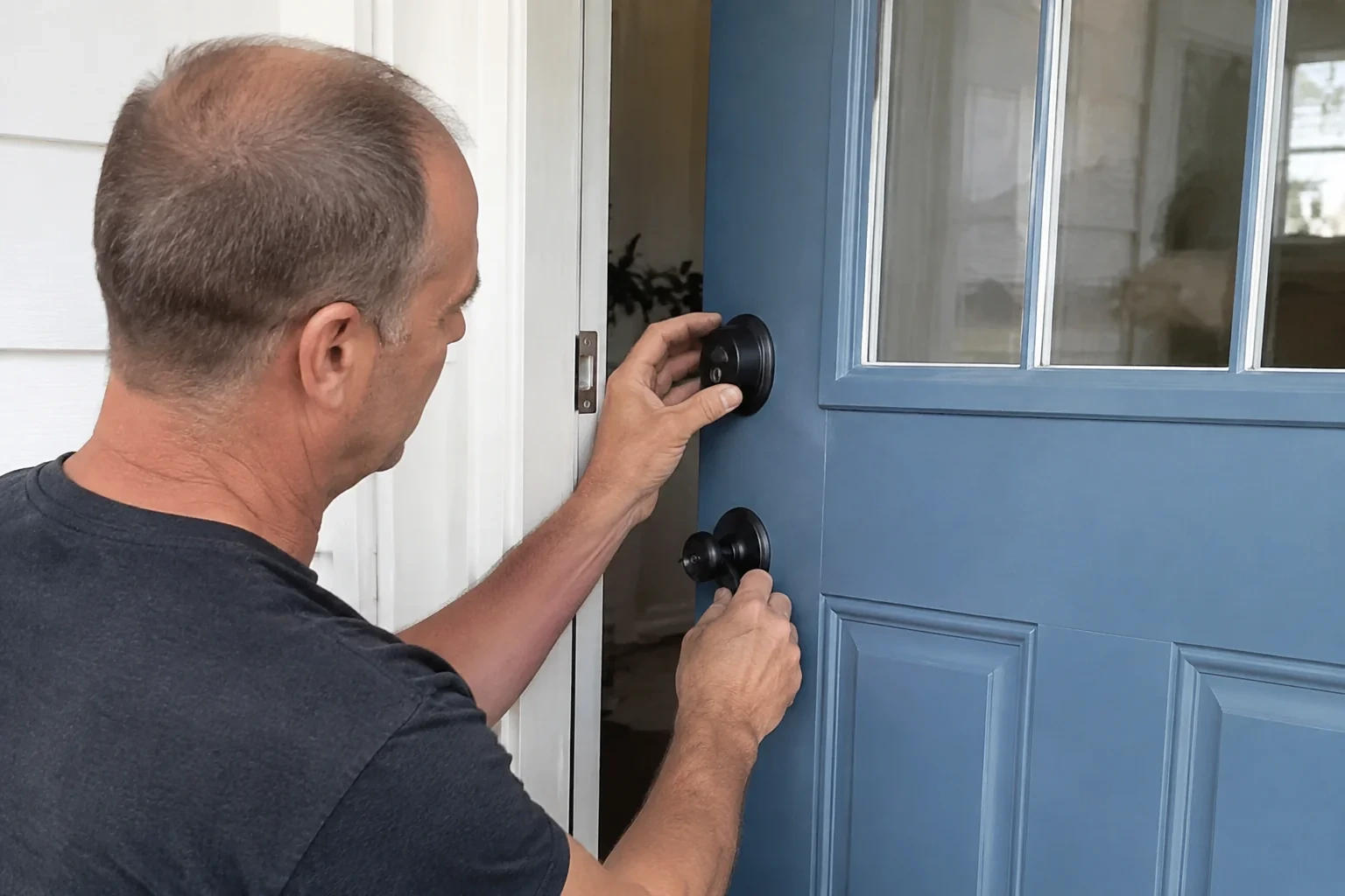 Person holding the black deadbolt and doorknob of a partly open blue front door.