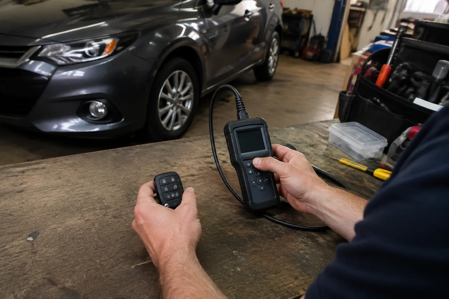 Hands holding a car-key fob and a small wired electronic device above a workbench in a garage with a parked car.