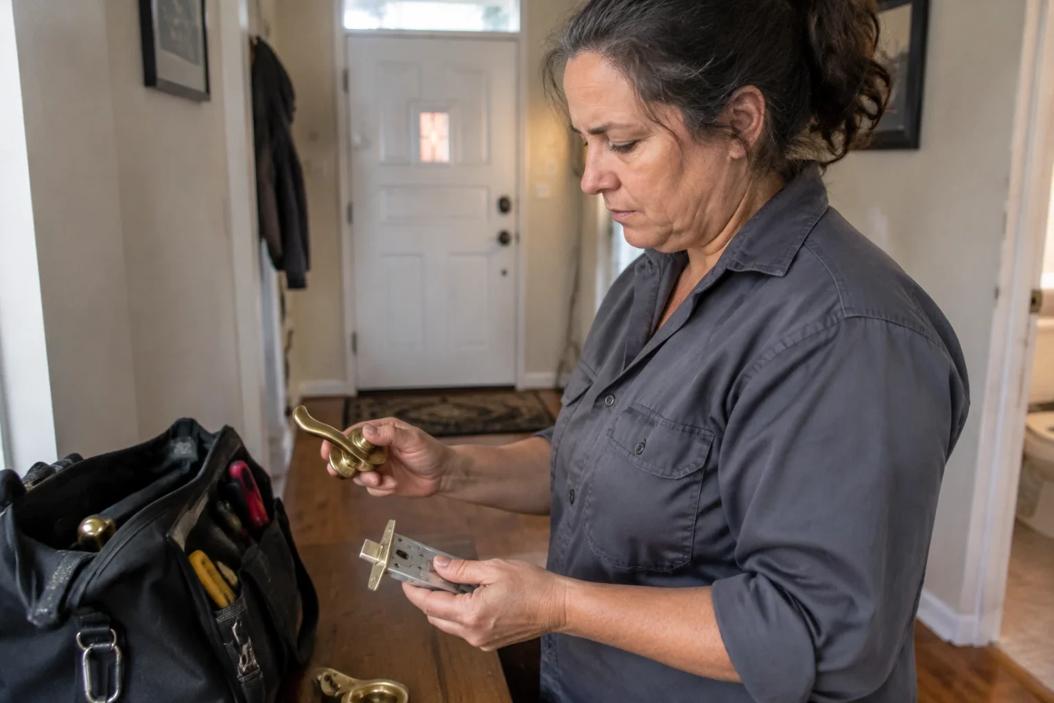 Person holding a brass-colored lever handle and separate latch case beside a tool bag in a hallway.