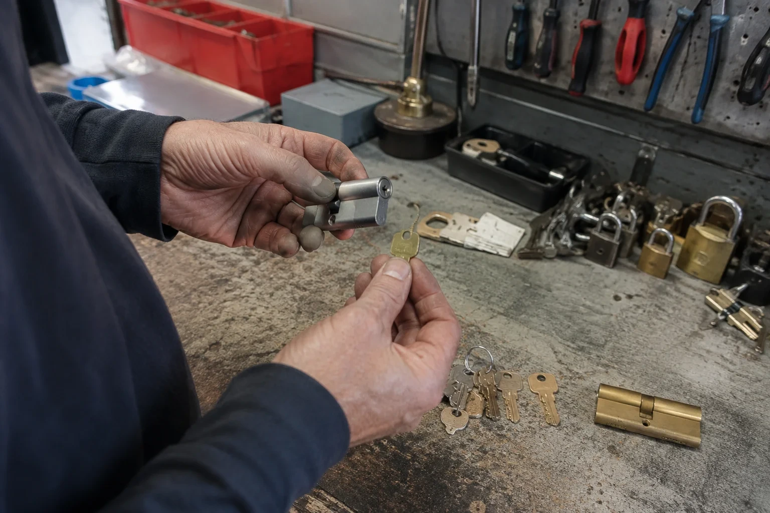 Hands holding a silver-colored lock cylinder and a brass-colored key above a workbench with padlocks, keys and tools.