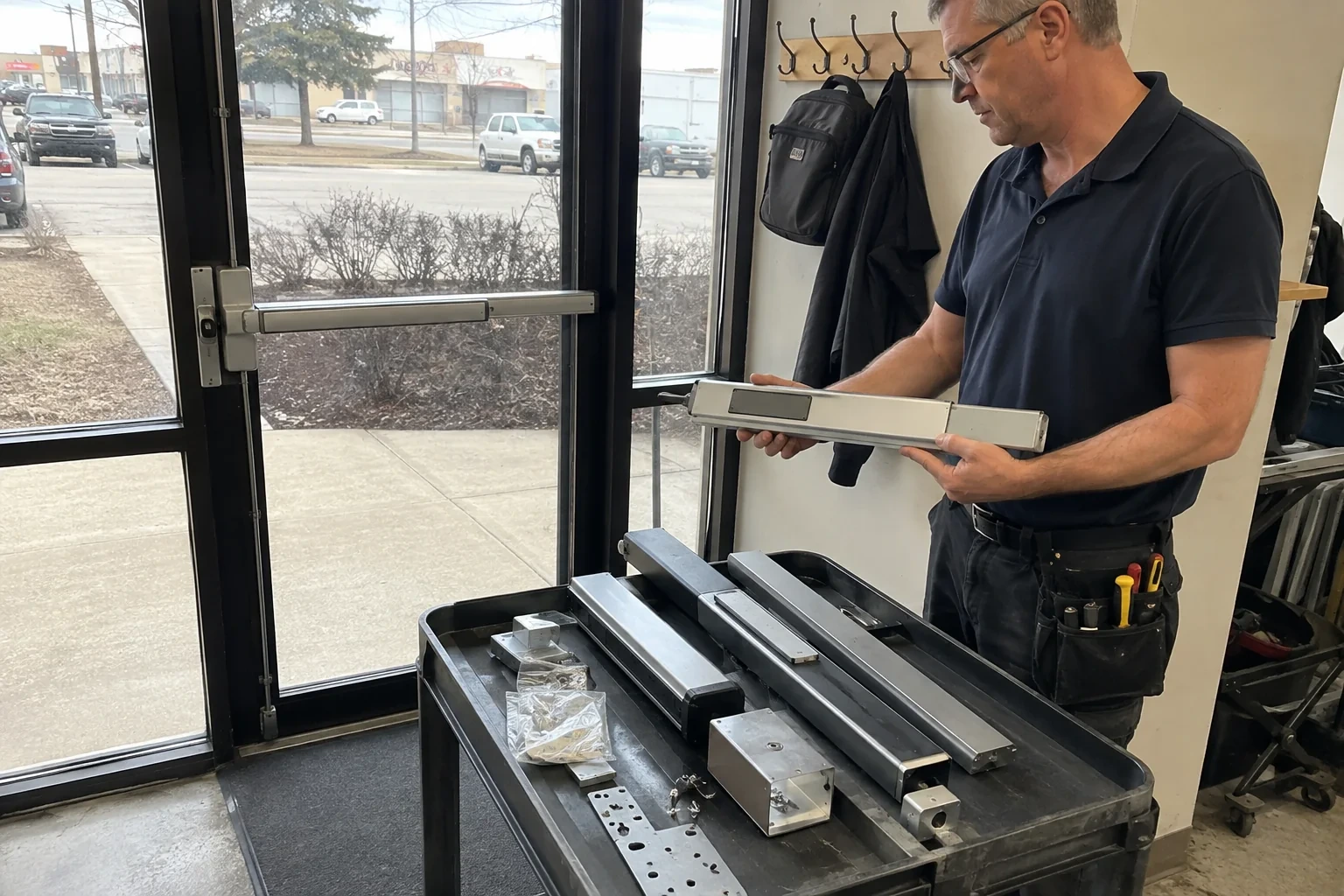 Person holding a long metal door-hardware assembly beside a cart of similar parts and a glass door fitted with a push bar.
