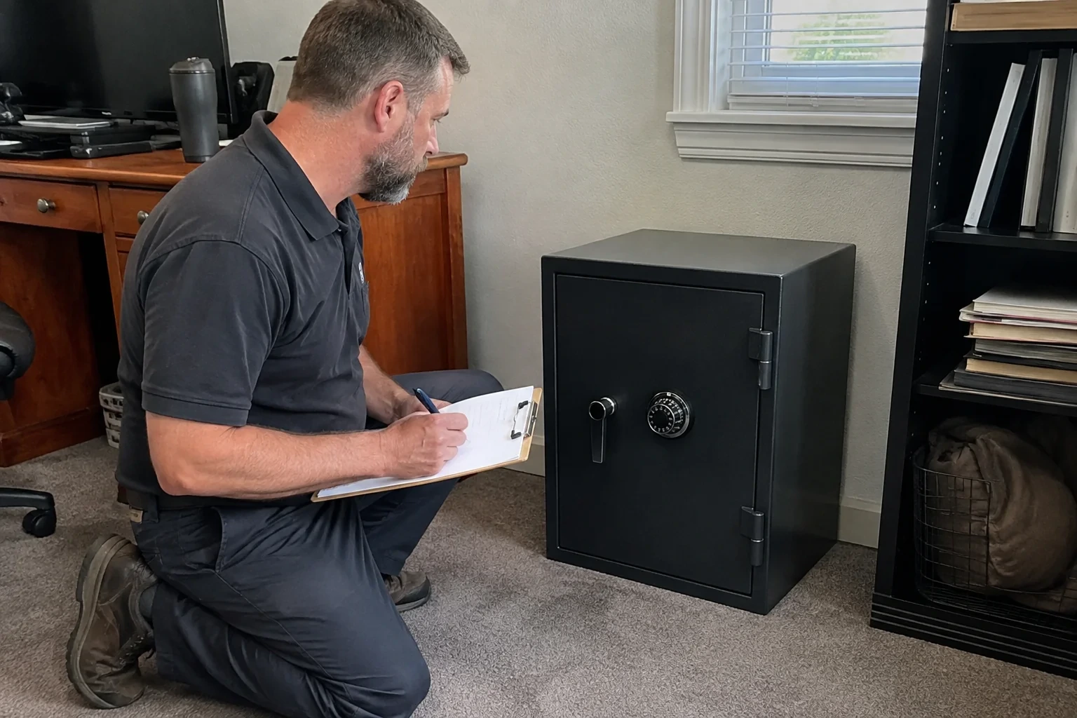 Person writing on a clipboard while kneeling beside a closed black safe with a numbered combination dial in a home office.